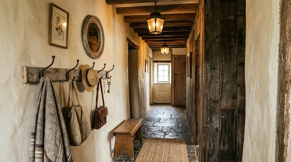 Entry hall with sconces, runner rug, and a polished evening glow.