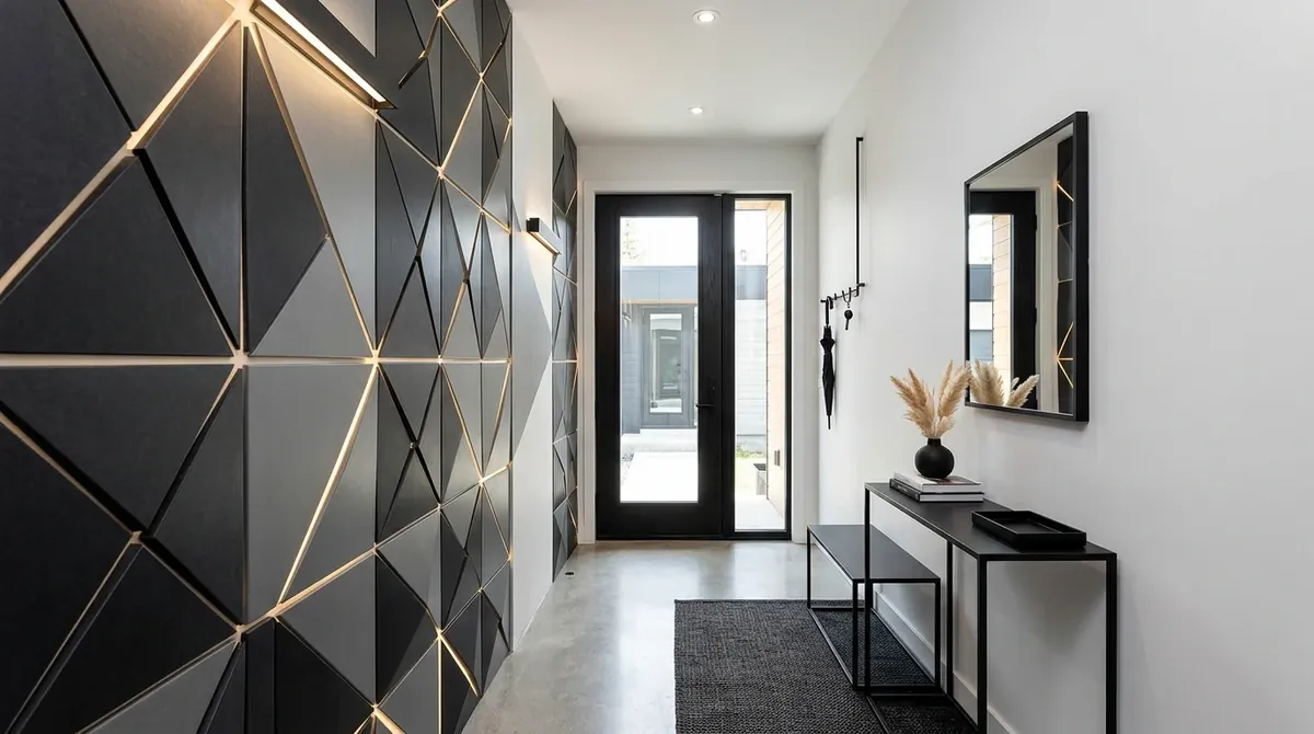 Narrow passage with floating shelf, mirror, and practical light-touch styling.