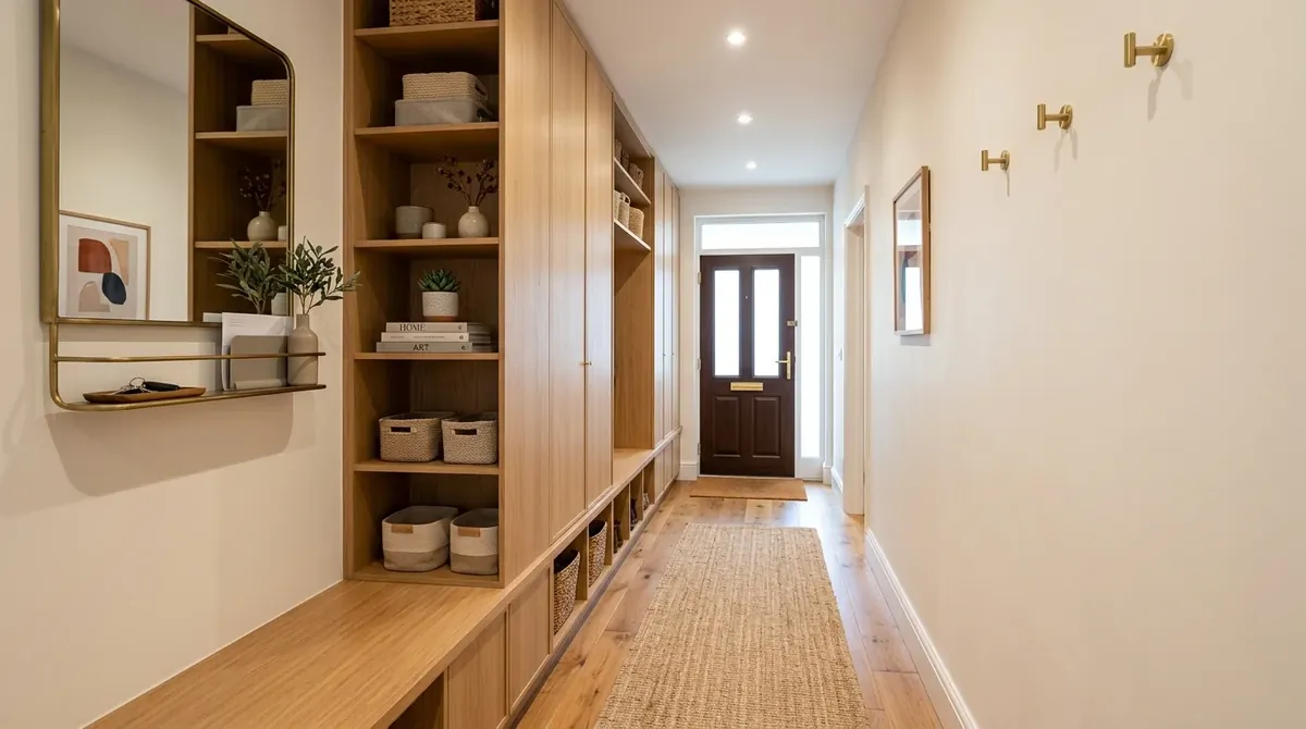 Slim hall with marble accents, elegant mirror, and refined understated styling.