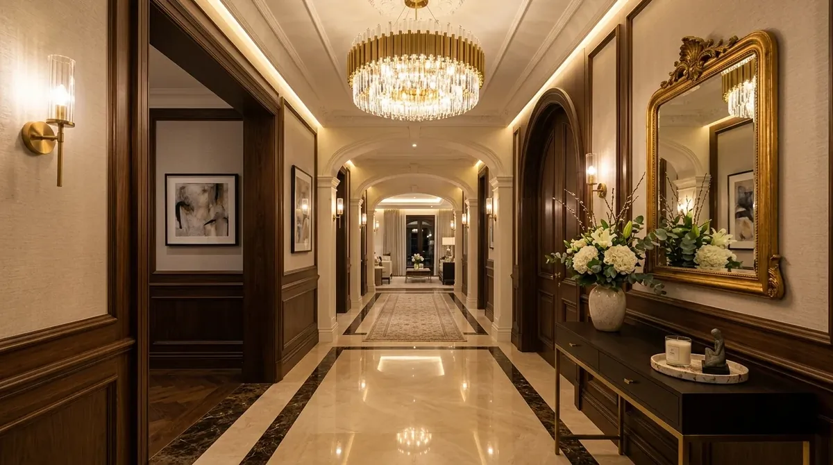 Narrow hallway with pale walls, simple decor, and a calm welcoming finish.