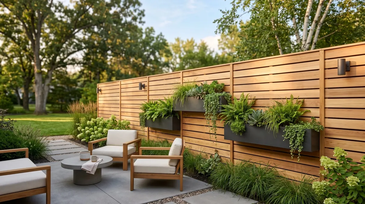 Modern backyard privacy wall with horizontal wood slats and built-in planters.