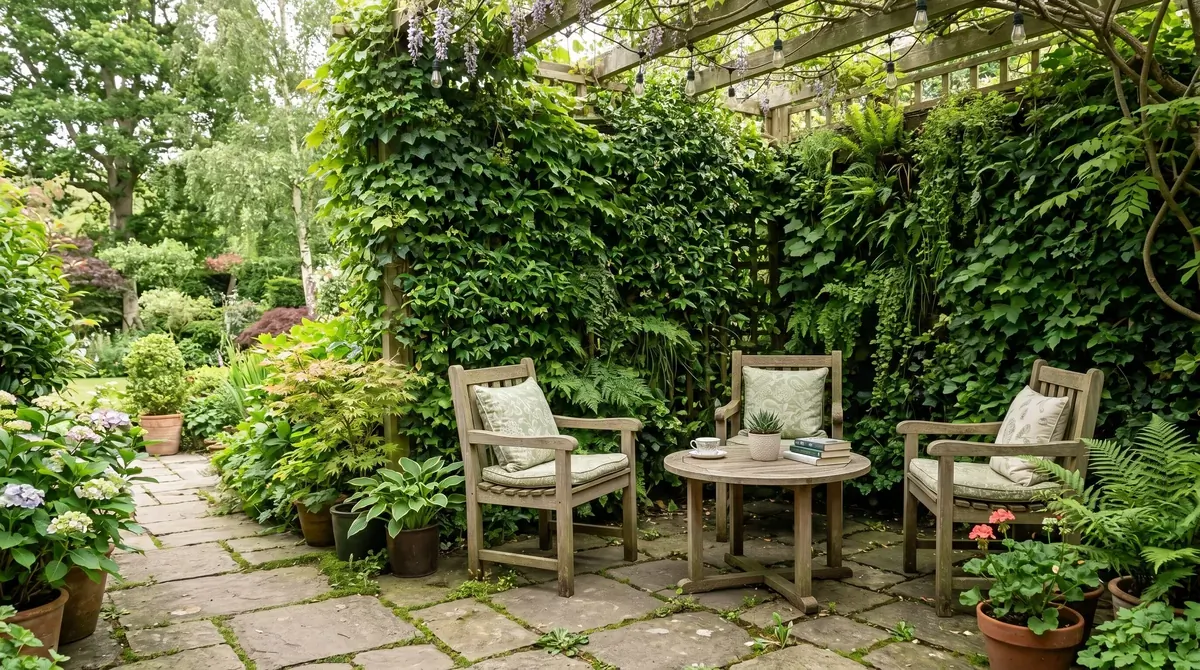 Living privacy wall covered with dense greenery and ivy around backyard seating.
