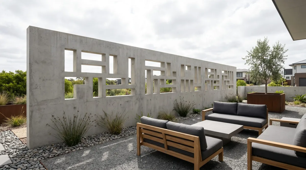 Concrete privacy wall with geometric cutouts casting shadows near modern lounge.