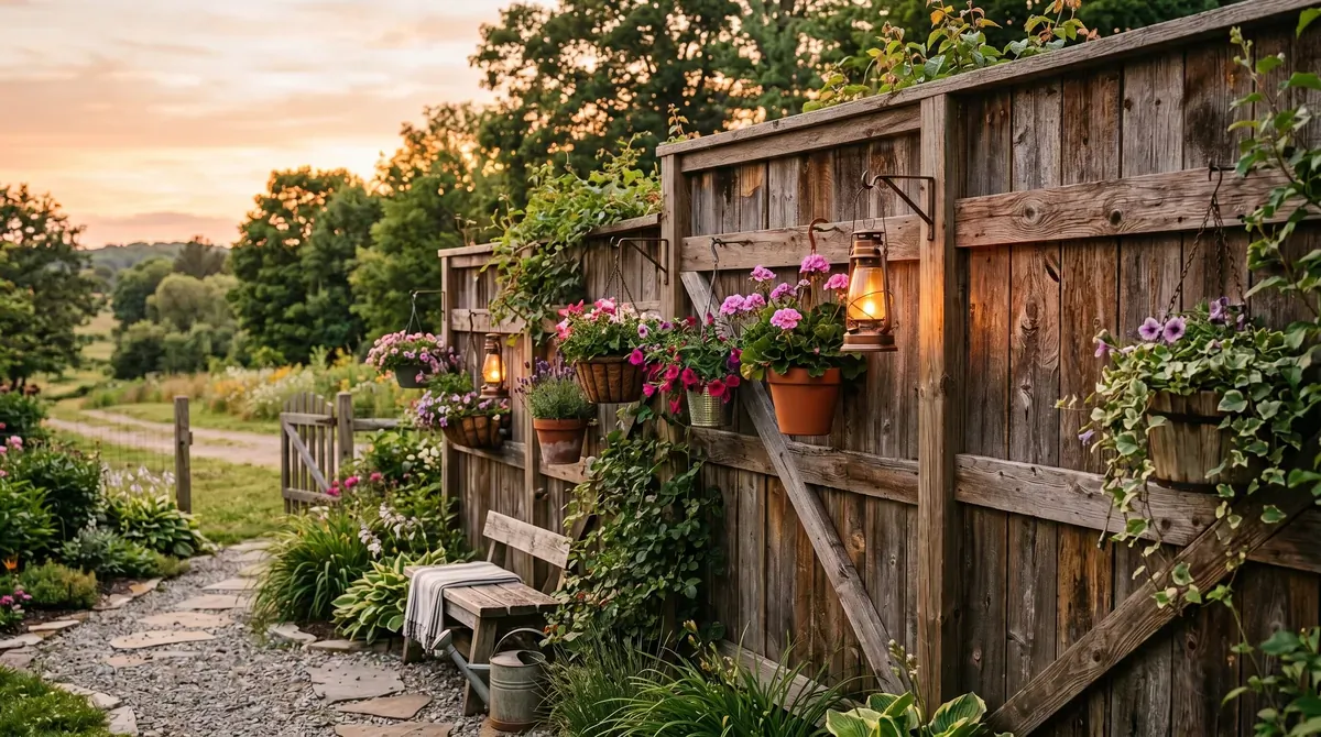 Rustic privacy wall with reclaimed wood panels, hanging flower pots, and lanterns.