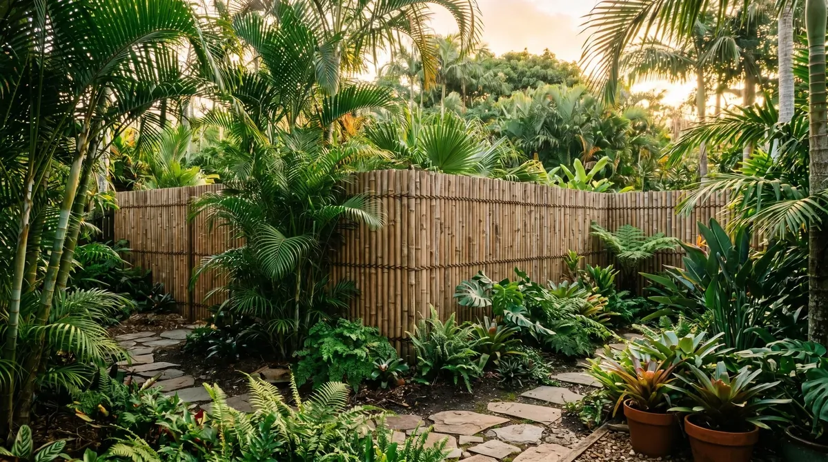 Bamboo privacy screen around tropical backyard with palms and ferns.