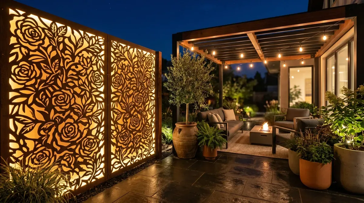 Decorative metal privacy wall with laser-cut floral designs and warm backlighting.