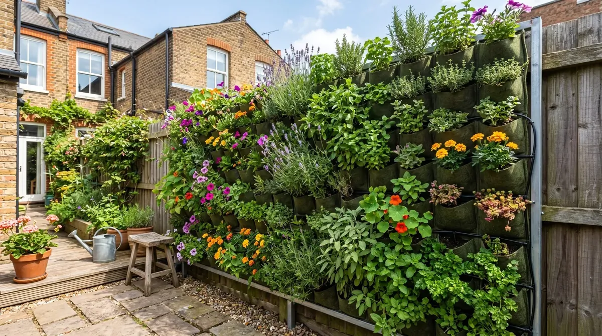 Vertical garden privacy wall with modular plant pockets filled with herbs and flowers.