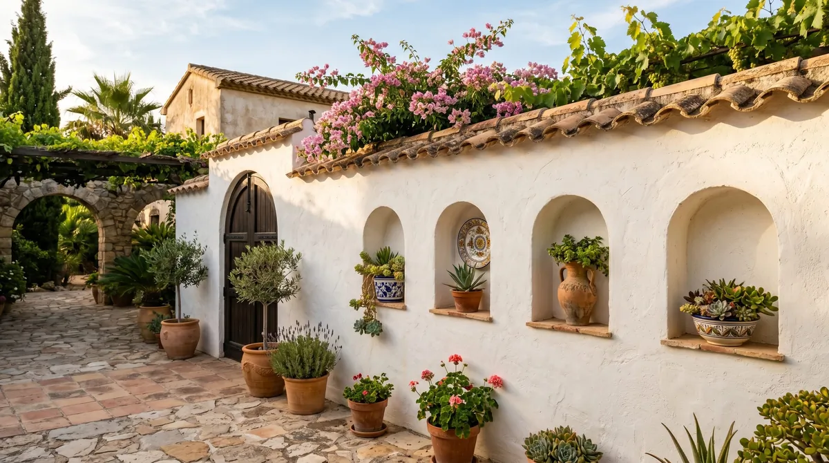White stucco privacy wall with arched niches, ceramics, and potted succulents.