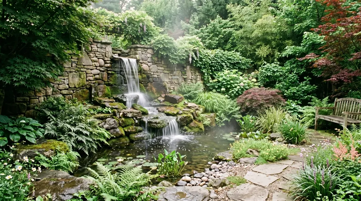Natural stone privacy wall with cascading water feature and lush greenery.
