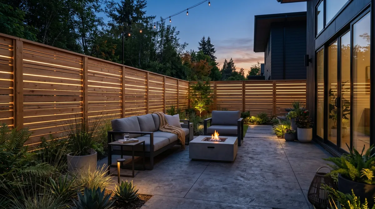 Slatted wood privacy fence with integrated LED lighting near modern outdoor seating.