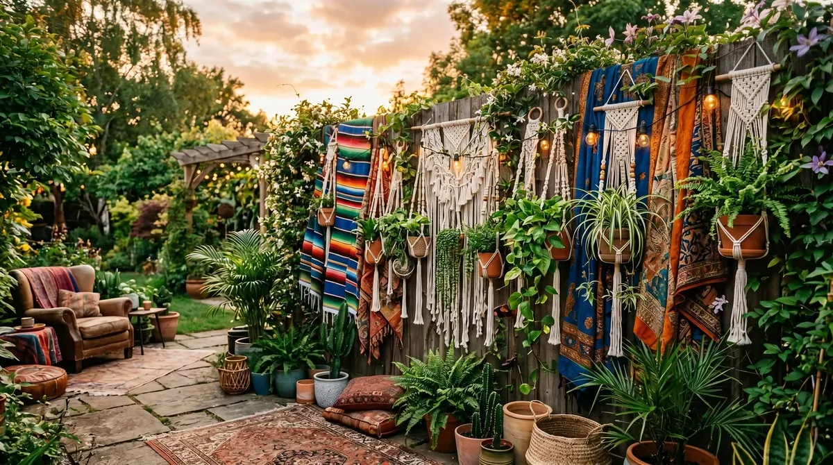 Bohemian privacy wall with macrame planters, colorful textiles, and climbing plants.