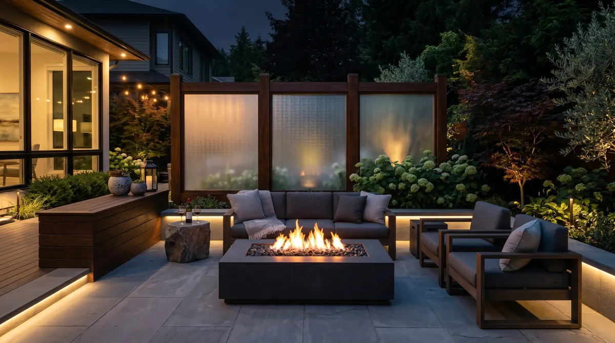 Luxury backyard privacy wall with frosted glass, dark wood framing, fire pit lounge, and night lighting.