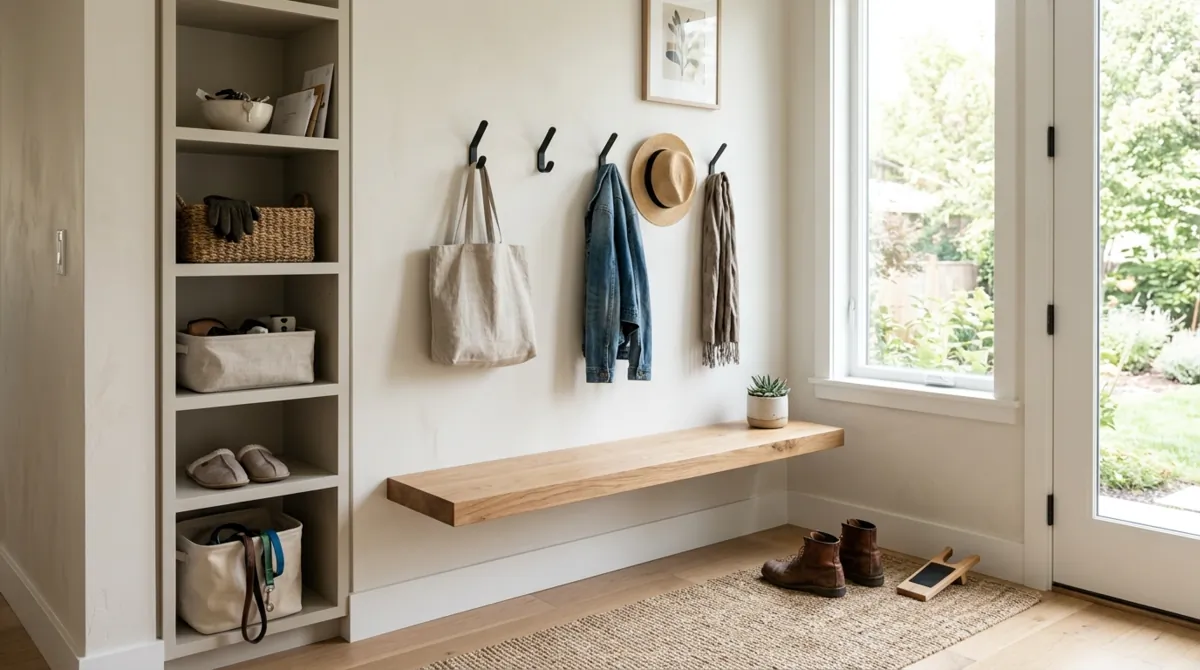 Small mudroom with compact bench, hooks, baskets, shelves, and efficient entry storage.
