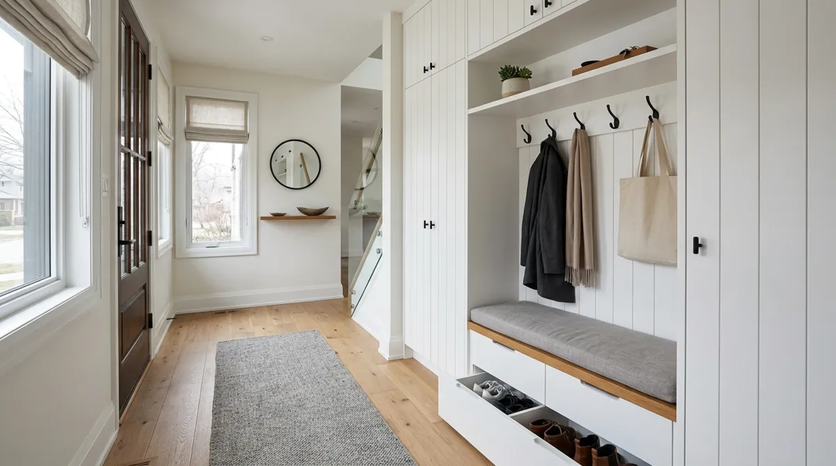 Small mudroom with vertical hooks, narrow storage, and organized entry wall.