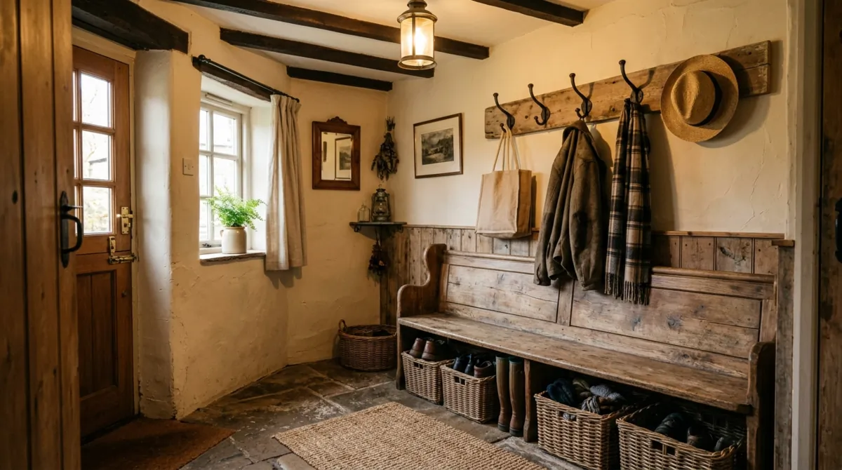 Compact mudroom with narrow shoe shelves, hooks, and slim bench.