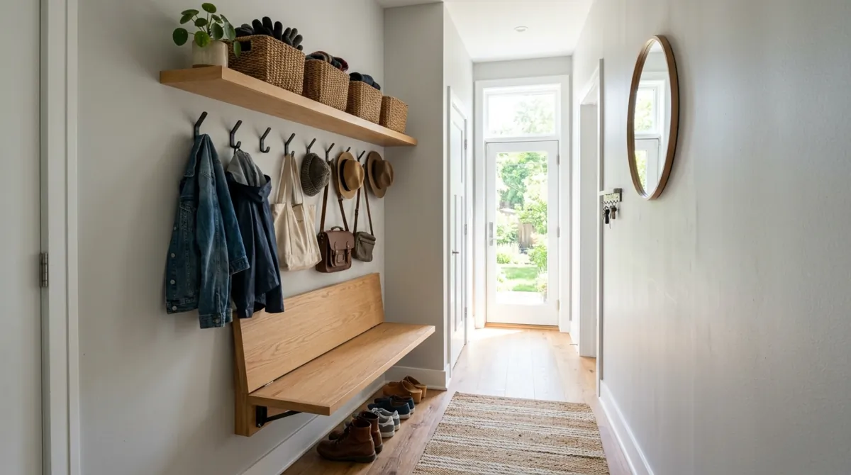 Small mudroom with built-in cubbies, baskets, hooks, and compact bench.