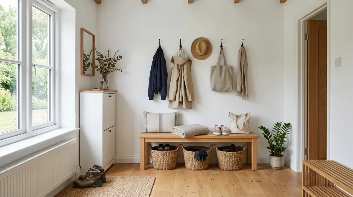 Small entry mudroom with under-bench baskets, cushion, hooks, and shelf.