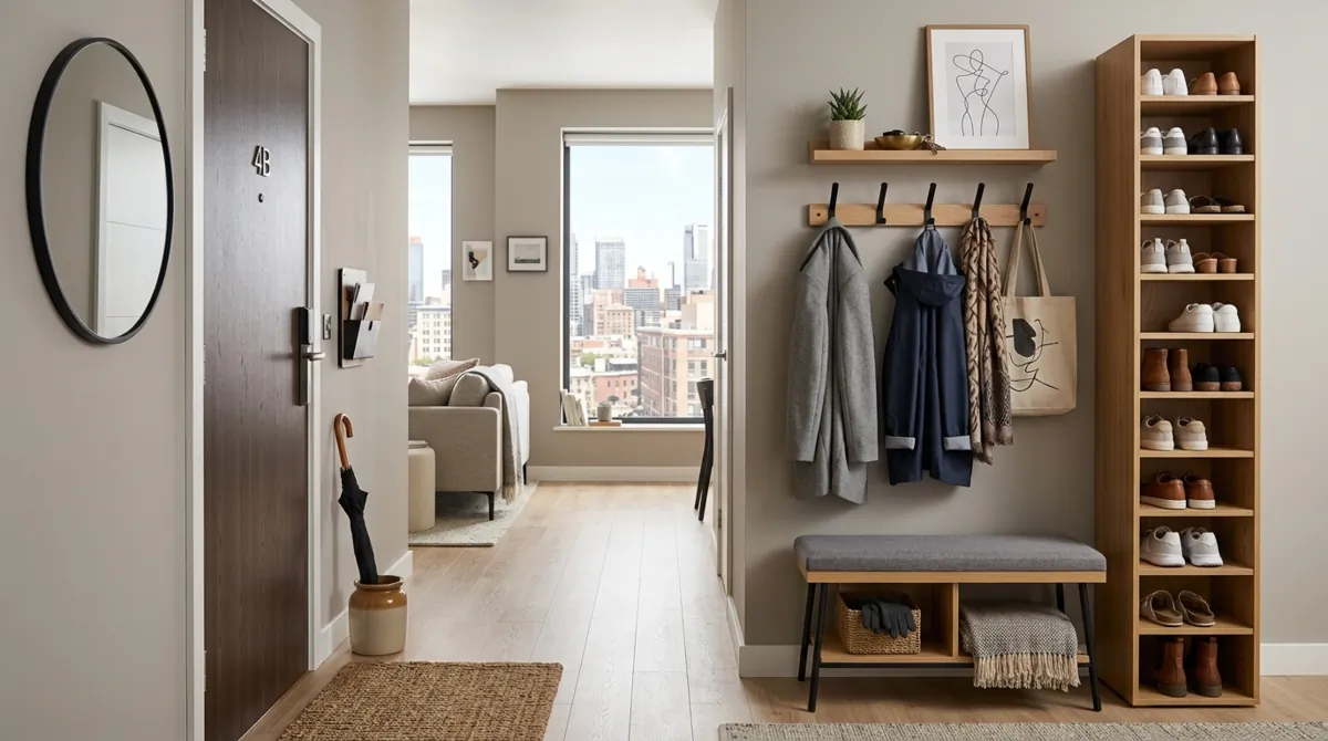 Small mudroom with floating shelf, hooks, baskets, and simple wall storage.