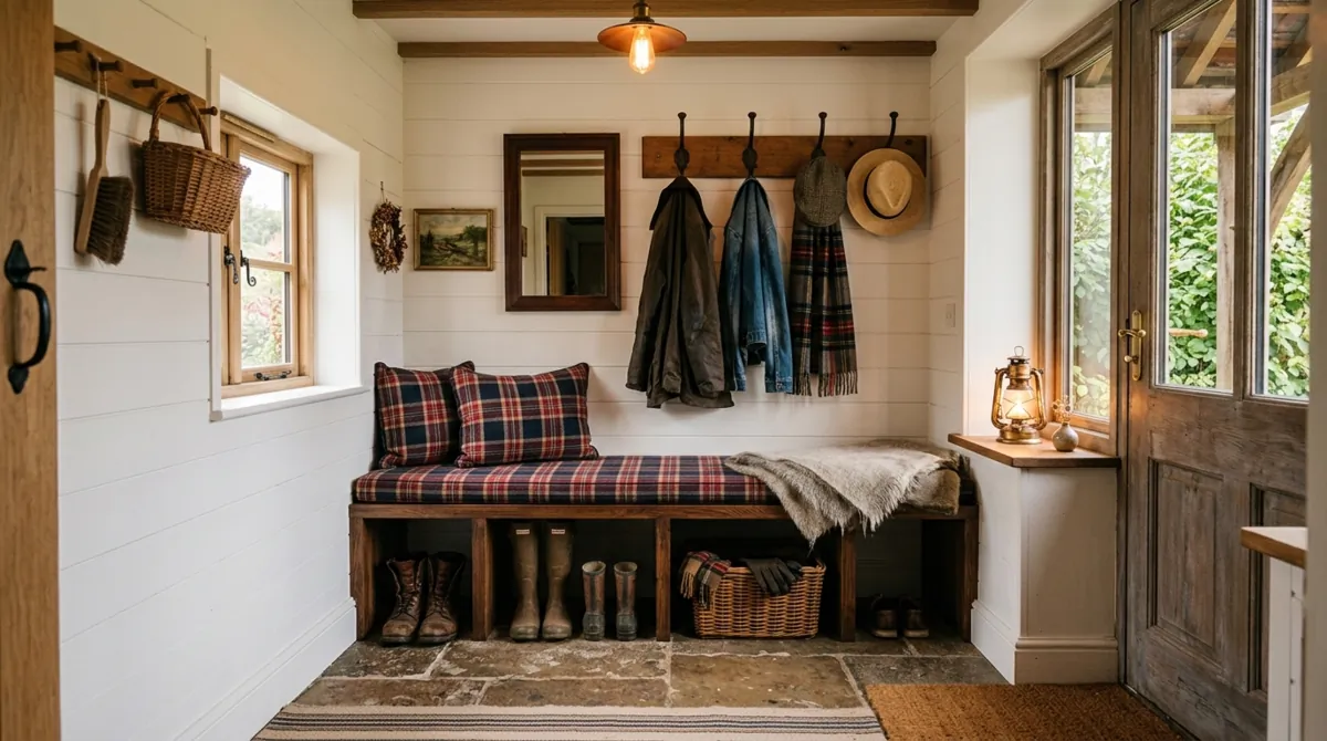Small mudroom corner with bench, hooks, shelves, and compact organization.