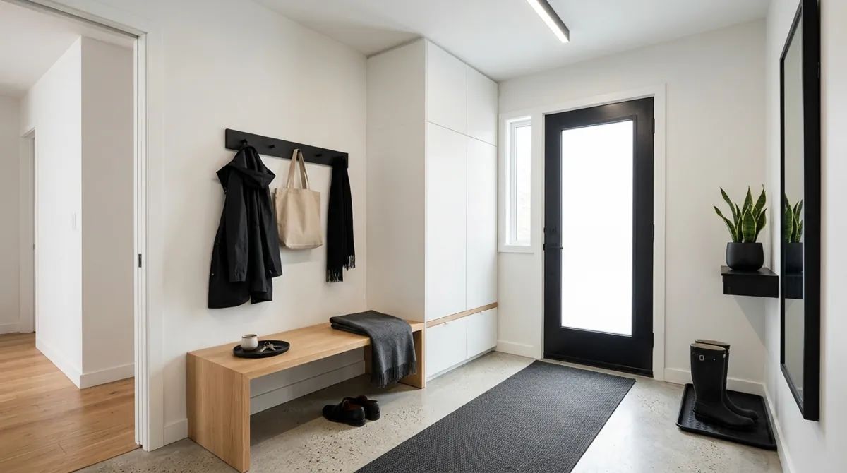Small mudroom with closed cabinets, bench, and tidy entry storage.
