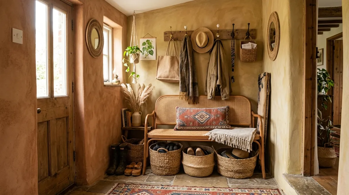 Small farmhouse mudroom with slim bench, shiplap, hooks, and baskets.