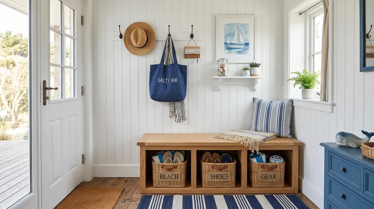 Modern small mudroom with minimal hooks, clean bench, and compact storage.