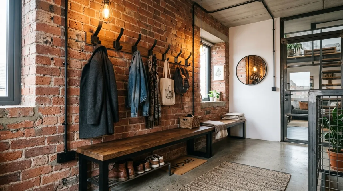 Small mudroom with tall cabinet, bench, hooks, and efficient storage layout.
