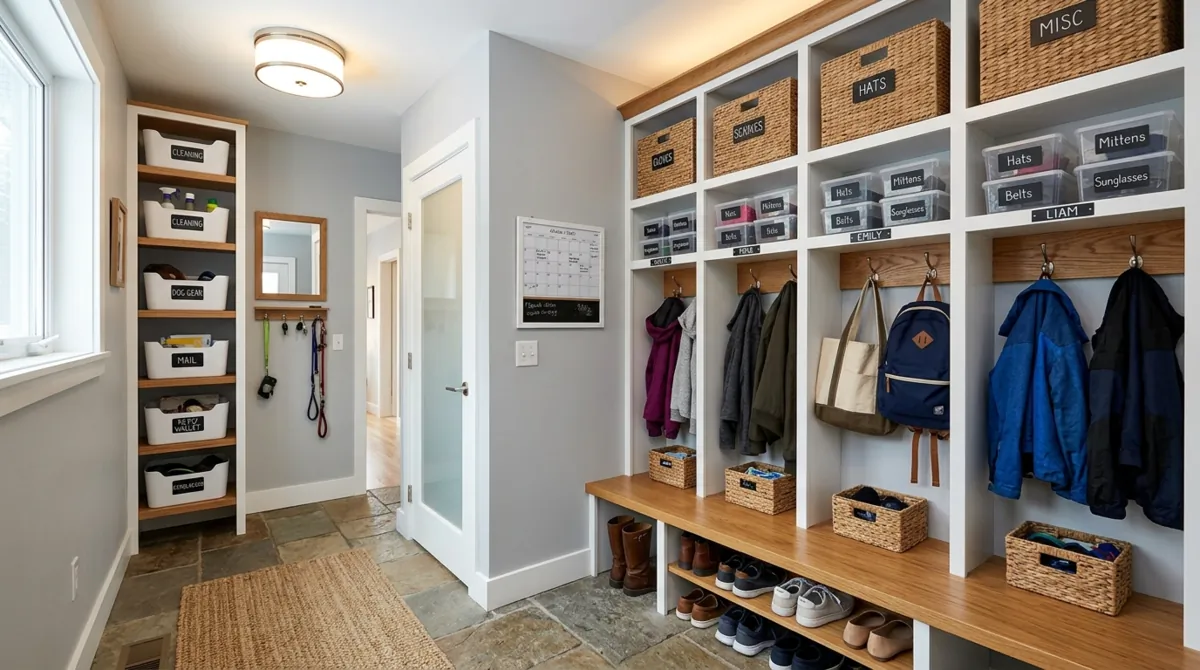 Small white mudroom with hooks, baskets, shelves, and bright compact entry storage.
