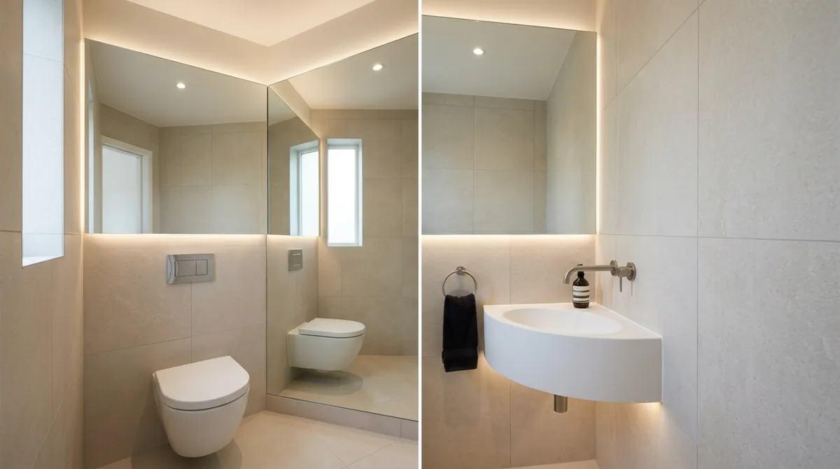 Tiny powder room with floating corner sink, frameless mirror, hidden LED lighting, and neutral tile.