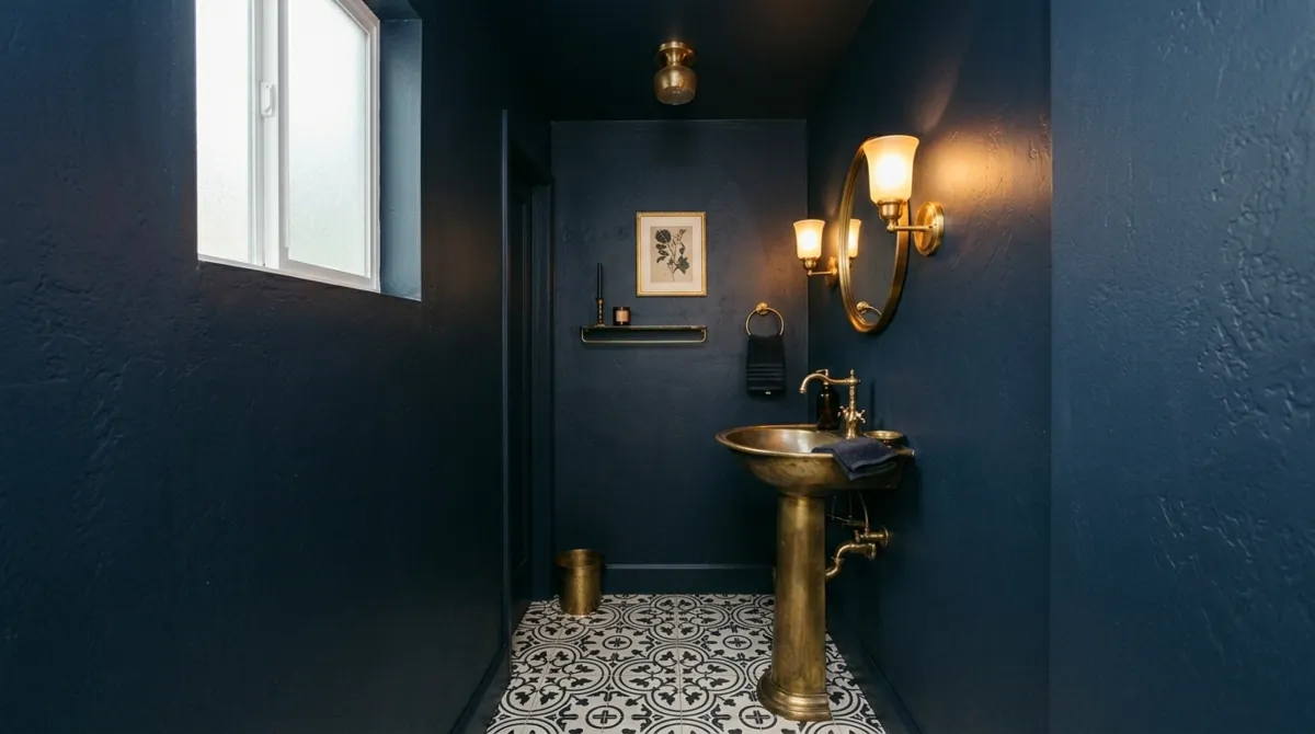 Tiny powder room with navy walls, brass pedestal sink, round mirror, sconces, and patterned floor tiles.