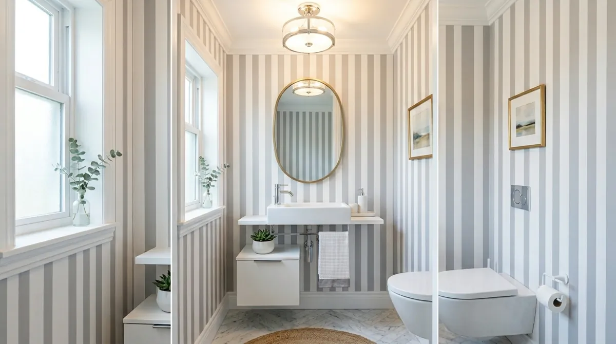 Small powder room with striped wallpaper, narrow white sink, oval mirror, and bright overhead lighting.