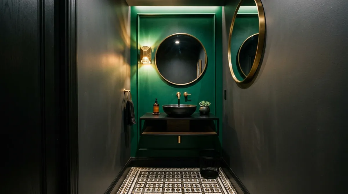 Compact powder room with emerald accent wall, black floating sink, brass fixtures, and mosaic floor tile.