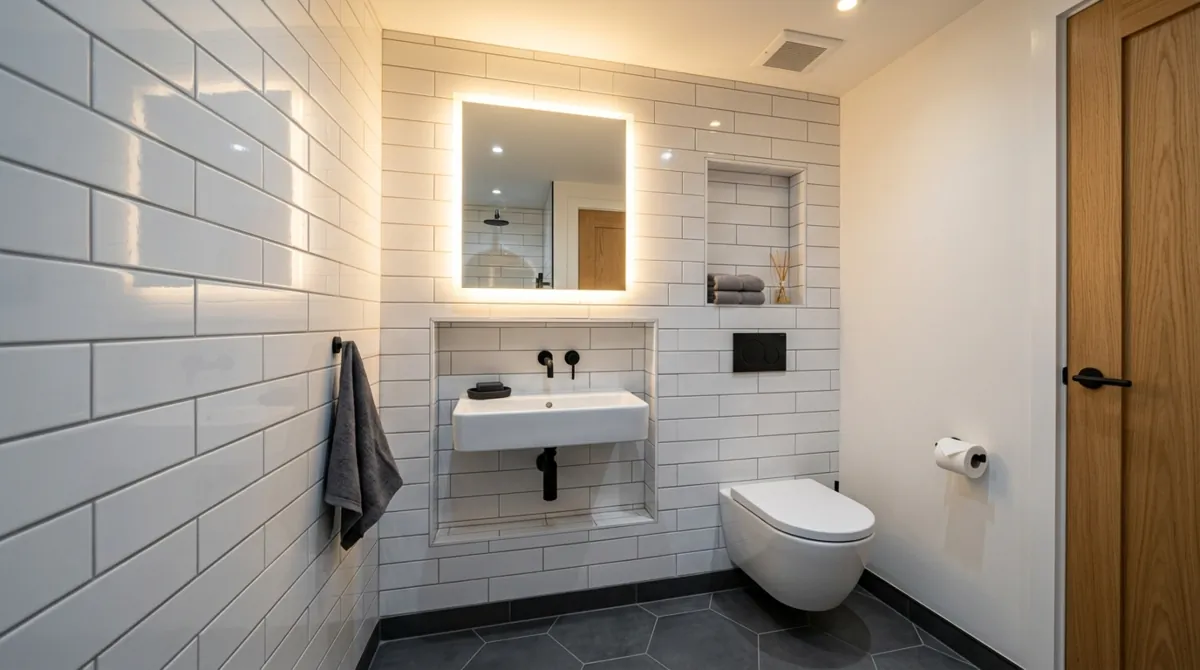 Space-saving powder room with built-in wall niche sink, glossy subway tile, matte black fixtures, and backlit mirror.