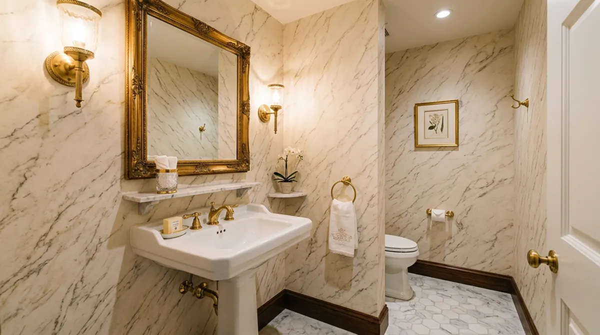 Luxurious tiny powder room with marble-effect wallpaper, gold mirror, pedestal sink, and warm lighting.