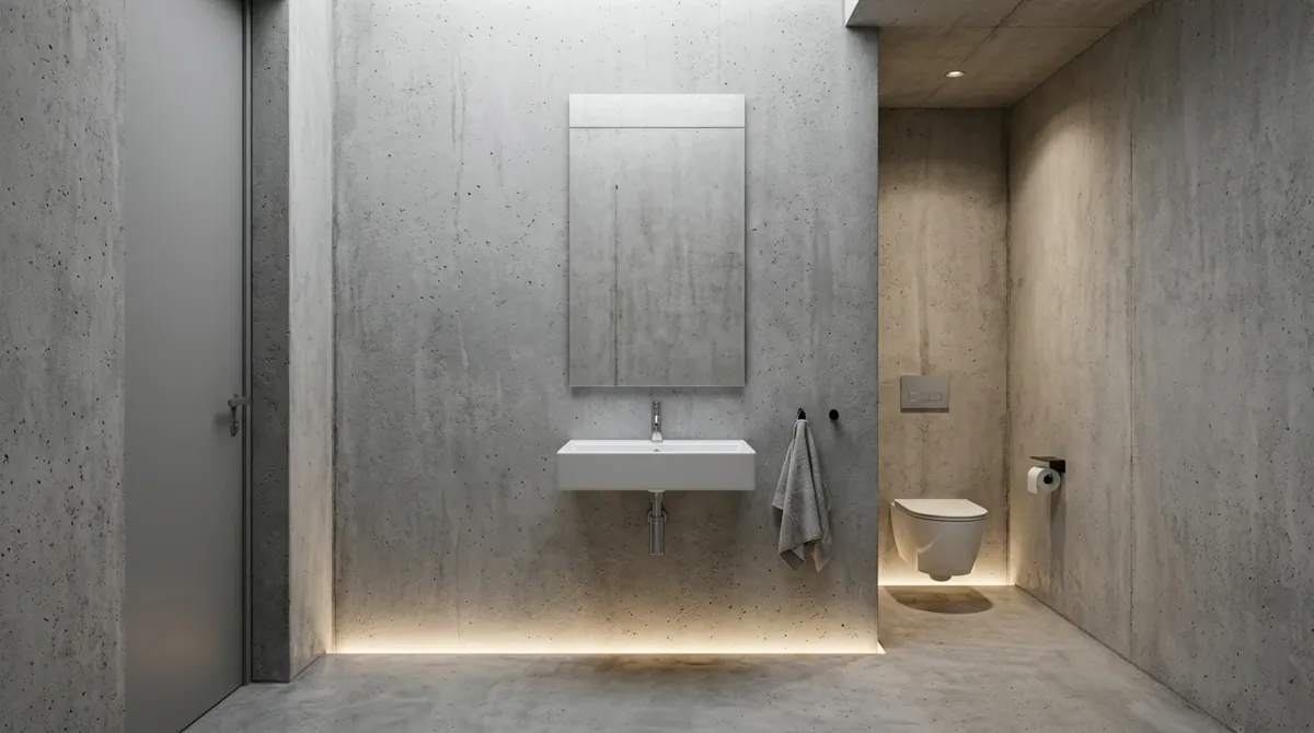 Modern micro powder room with concrete gray walls, wall-mounted sink, frameless mirror, and hidden LED floor lighting.