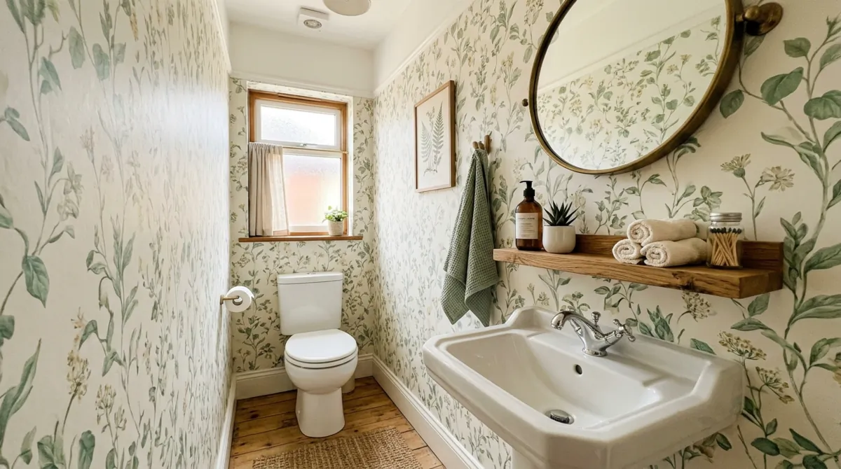 Small powder room with botanical wallpaper, white ceramic sink, wooden shelf, and warm natural lighting.