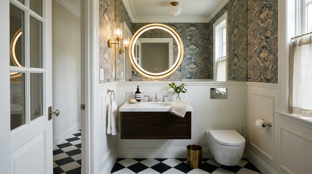 Elegant tiny powder room with checkerboard floor tile, marble vanity top, chrome fixtures, and halo-lit mirror.