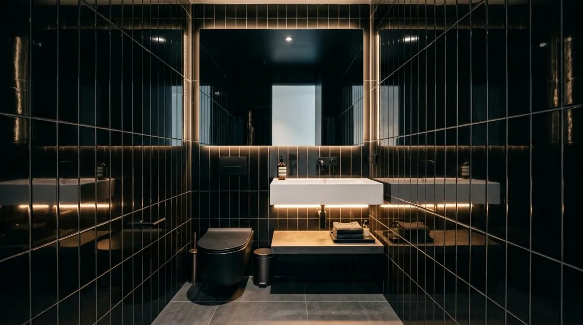 Narrow powder room with glossy black wall tiles, floating white basin, and LED lighting under sink.