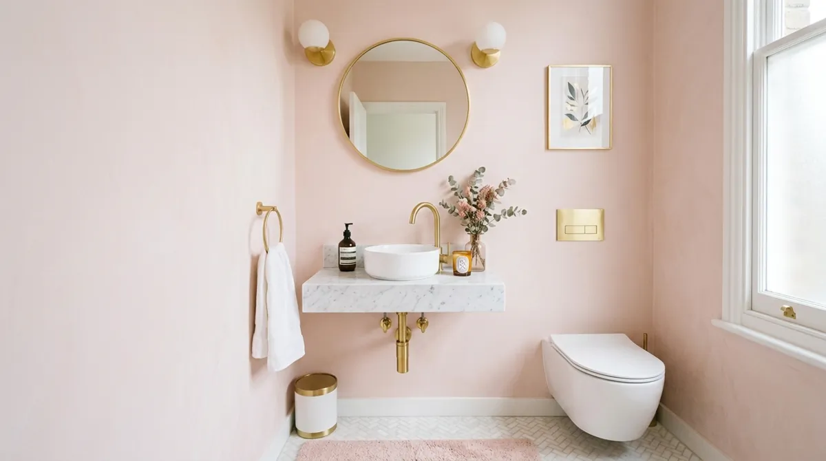 Chic small powder room with blush pink walls, gold accents, round sink, and soft diffused lighting.