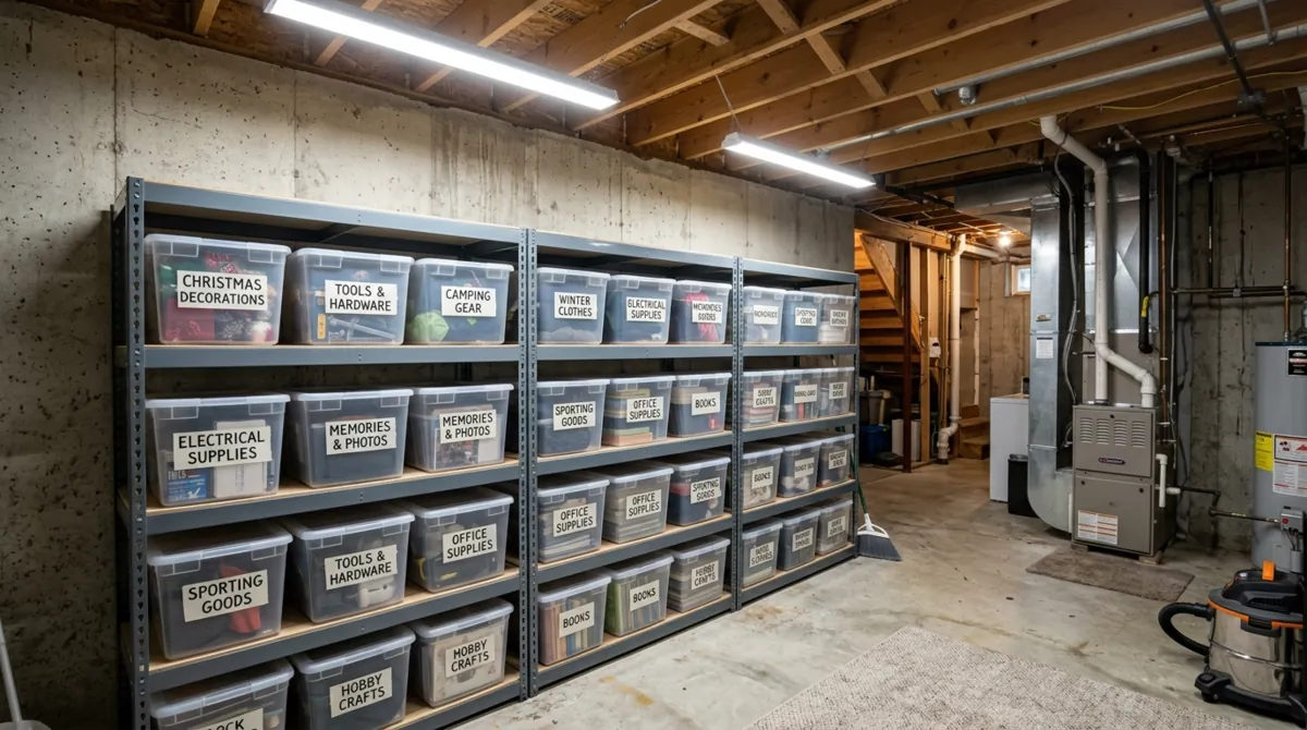 Unfinished basement with concrete walls, metal shelving, labeled bins, and bright LED shop lighting.