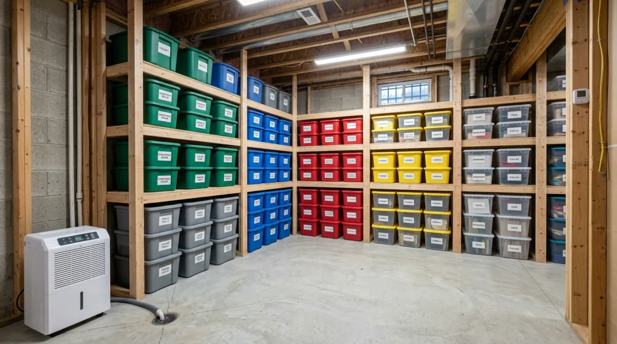 Smart unfinished basement with plywood shelving, stacked totes, dehumidifier, and simple concrete floor.