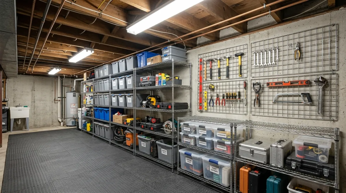 Industrial basement storage with exposed beams, wire shelving, pegboard tools, rubber floor mats, and bright fluorescent light.