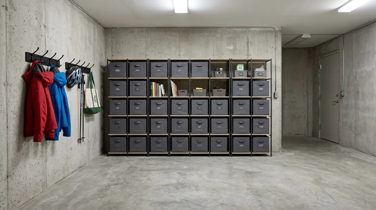 Minimal organized basement storage with cube shelving, uniform boxes, wall hooks, and open concrete floor area.