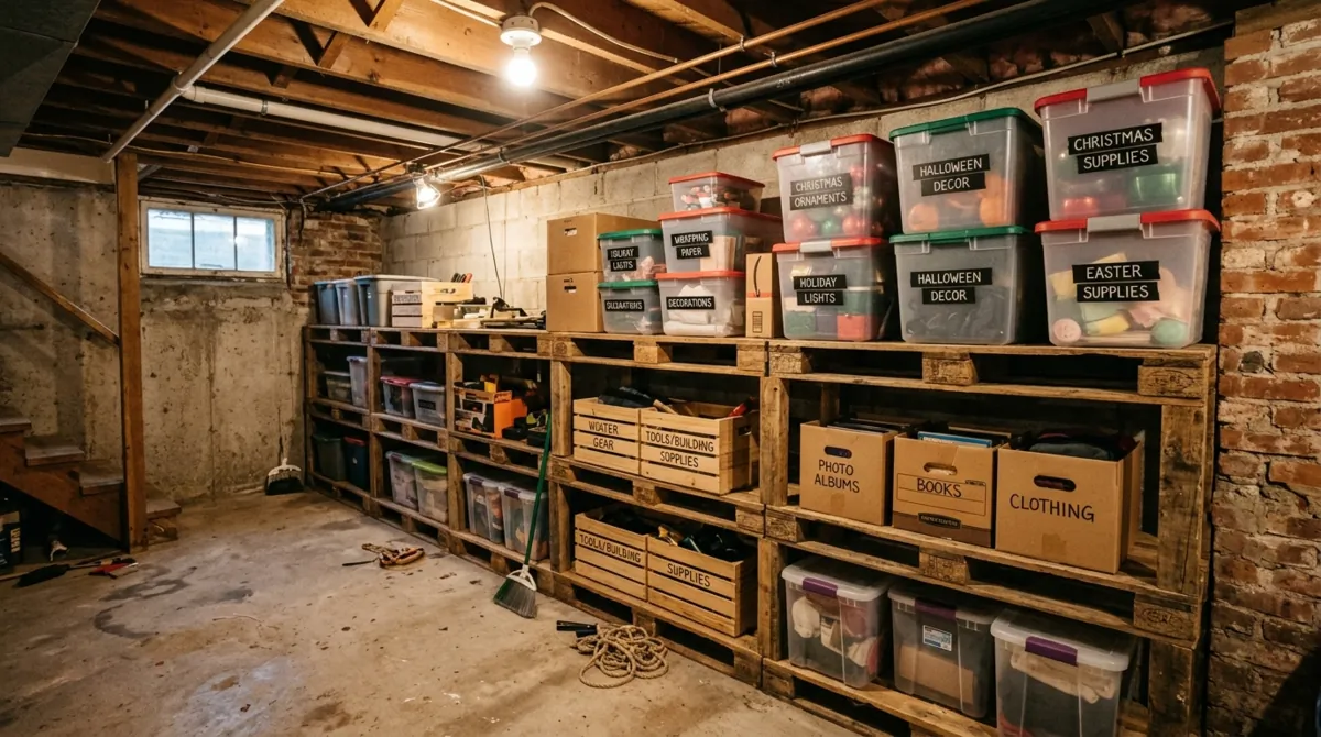 Unfinished basement with pallet shelving, stacked holiday bins, labeled containers, brick-concrete walls, and warm utility lights.