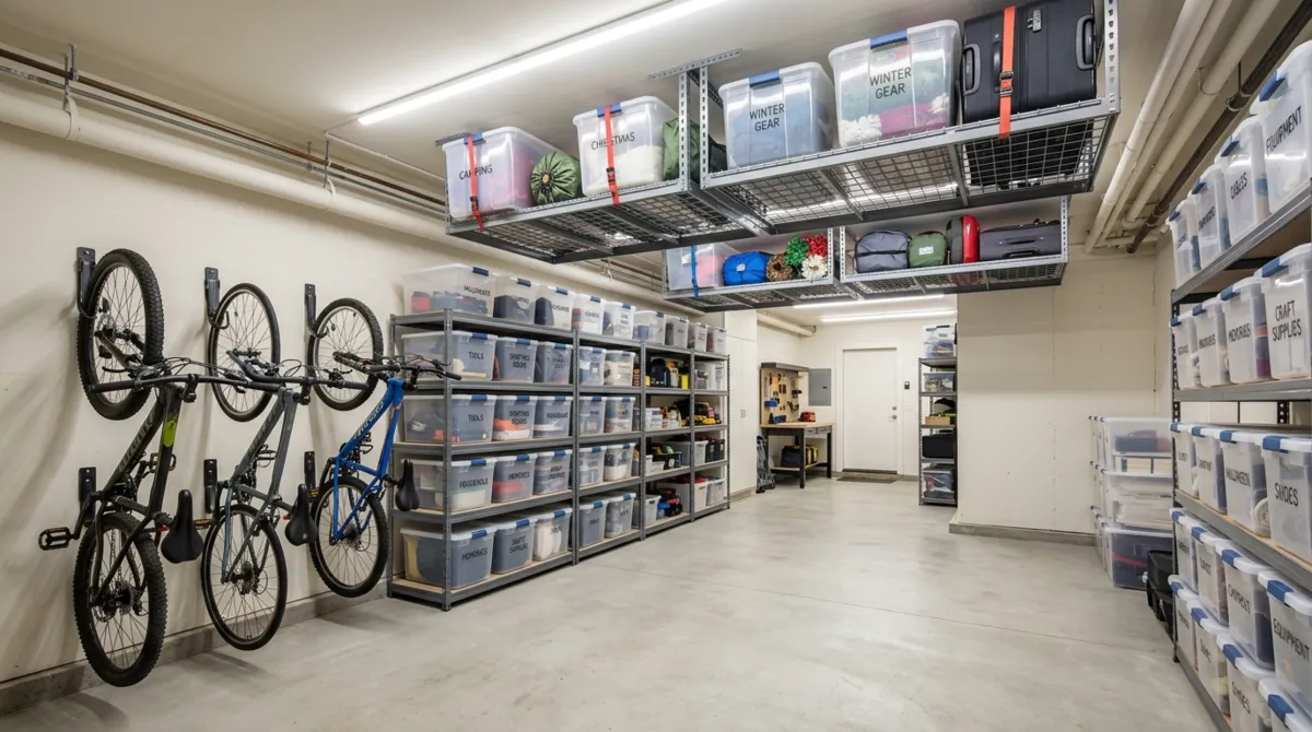 Functional basement storage with ceiling racks, bike hooks, vertical shelves, plastic bins, and bright LED visibility.