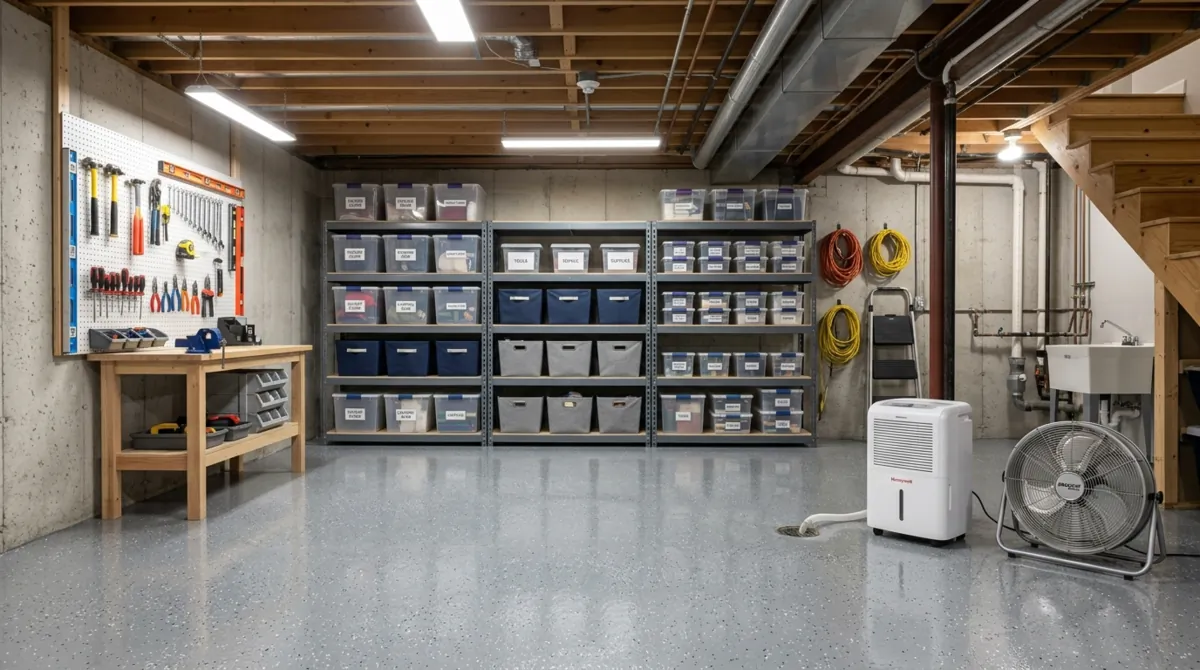 Clean unfinished basement with epoxy floor, steel shelving, organized bins, tool wall, dehumidifier, and fan.