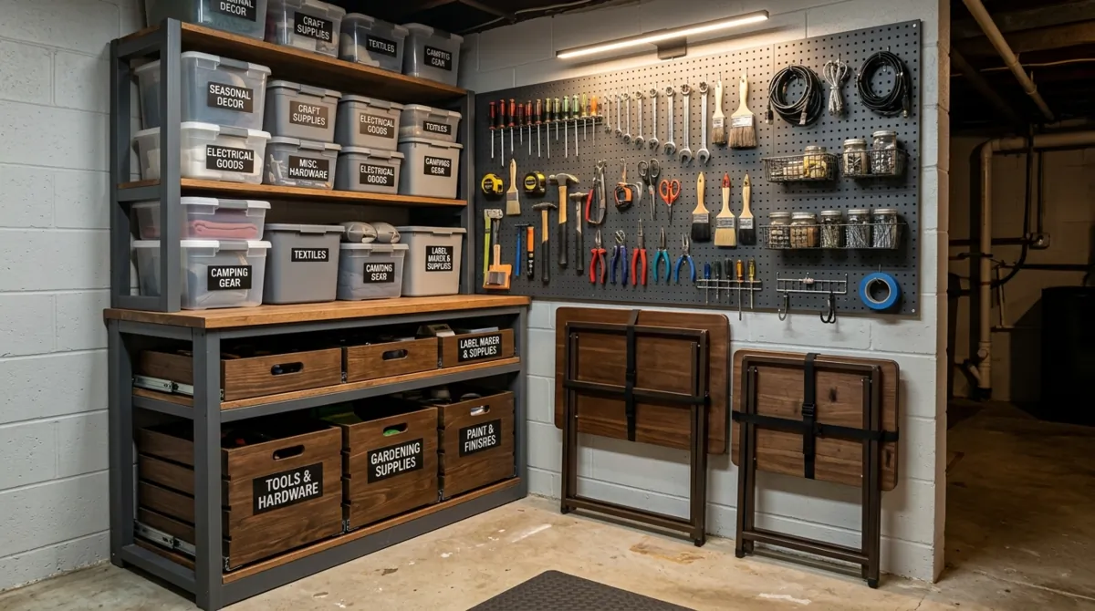 Compact basement storage corner with sliding crates, foldable tables, pegboard, stacked containers, and efficient small-space layout.