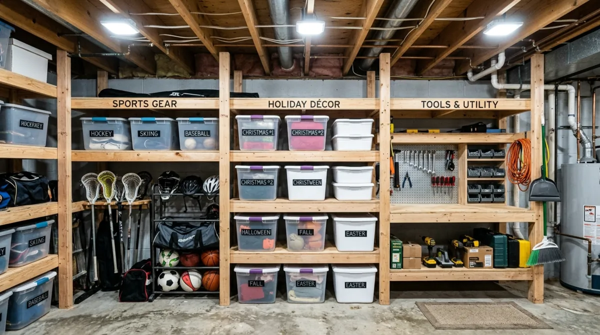 DIY unfinished basement with lumber shelves, zoned storage for sports gear and tools, exposed pipes, and work lights.