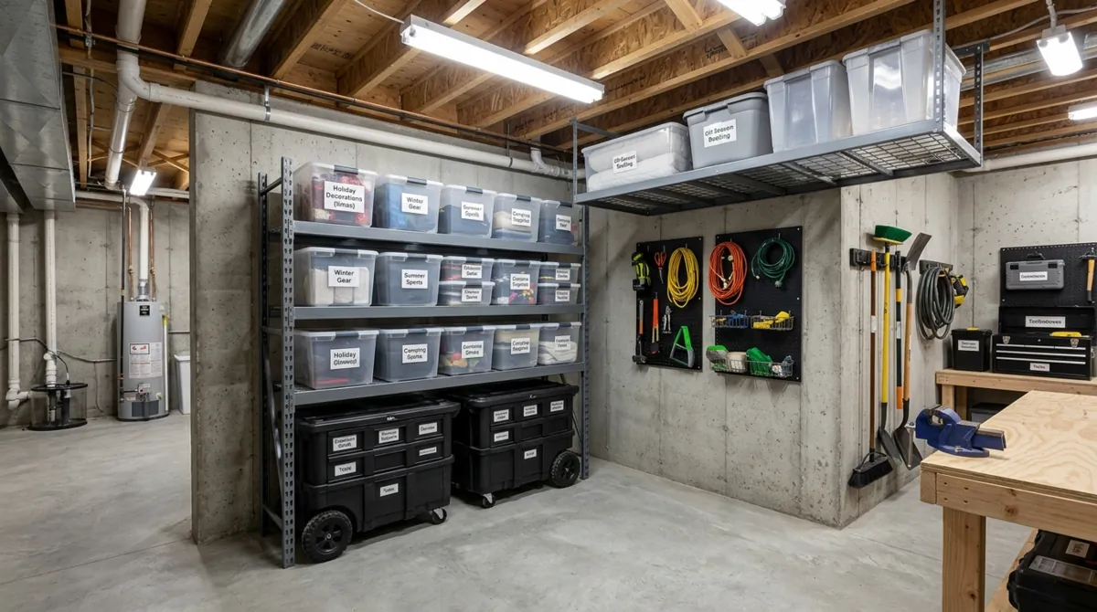 Unfinished basement with rolling carts, labeled bins, wall hooks, overhead racks, and raw concrete utility style.