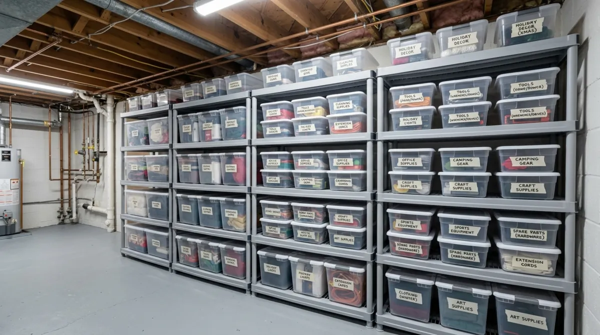 Simple budget basement storage with plastic shelving, transparent bins, taped labels, exposed pipes, and basic bright lighting.